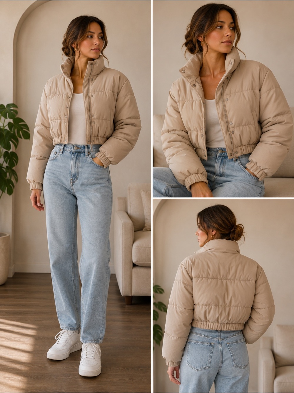 Petal & Pup Cropped Puffer Jacket in Taupe